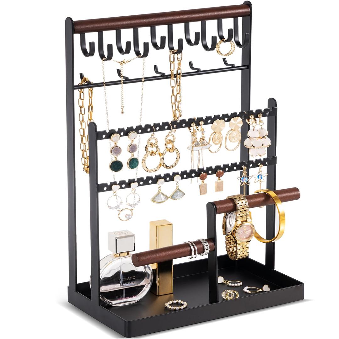 ProCaseProCase Jewelry Organizer Stand Necklace Organizer Earring Holder, 6 Tier Jewelry Stand Necklace Holder with 15 Hooks, Jewelry Tower Display Rack Storage Tree for Bracelets Earrings Rings -Black