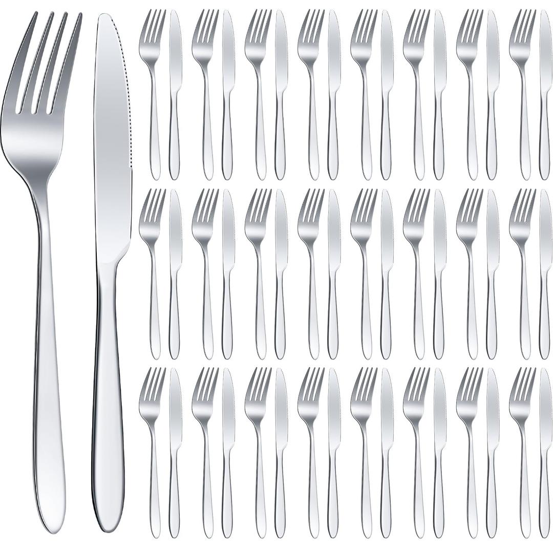 Nuenen 50 Pieces Stainless Steel Forks Silverware Set, Silver 25 Pcs Dinner Forks and 25 Pcs Dinner Knives Flatware Set Tableware Cutlery Set for Butter Kitchen Restaurant Hotel Home, Dishwasher Safe