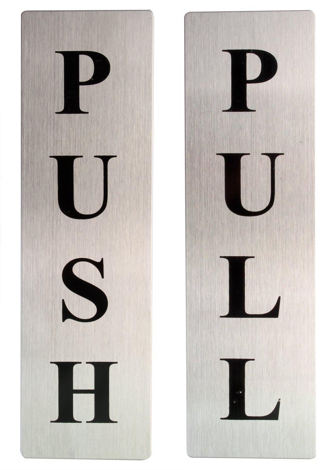 EKRON Push Pull Metal Sign Stickers Self Adhesive Stainless Steel Push & Pull Signage Board for Glass Wooden Doors/Office Hospital Mall Gate Sticker Combo (Silver)