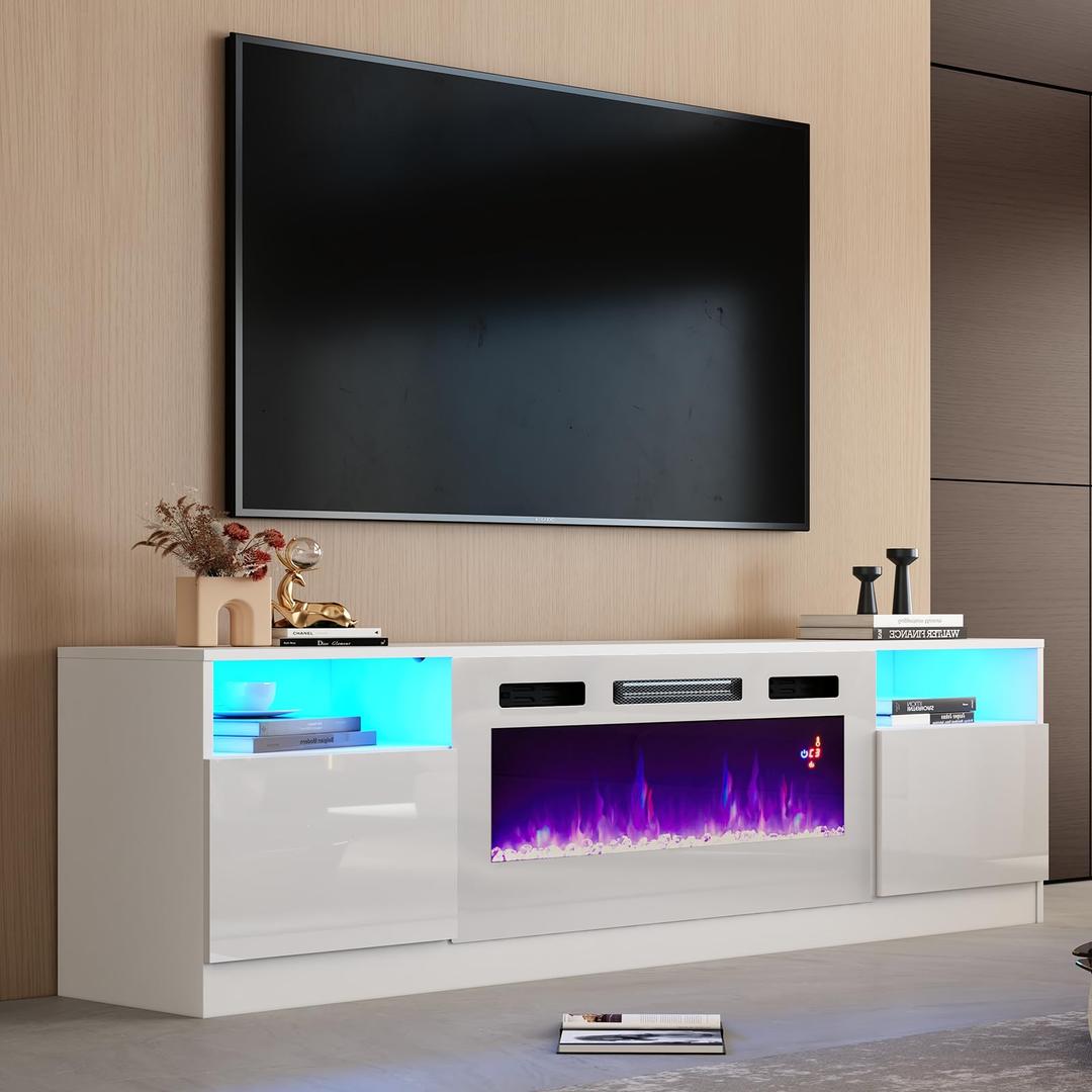 AMERLIFE 80" TV Stand with 40" Electric Fireplace Large Modern Matte Texture Media Entertainment Center with Highlight Storage Cabinet and 12 Colors LED Lights for TVs Up to 90", 80 inches, White