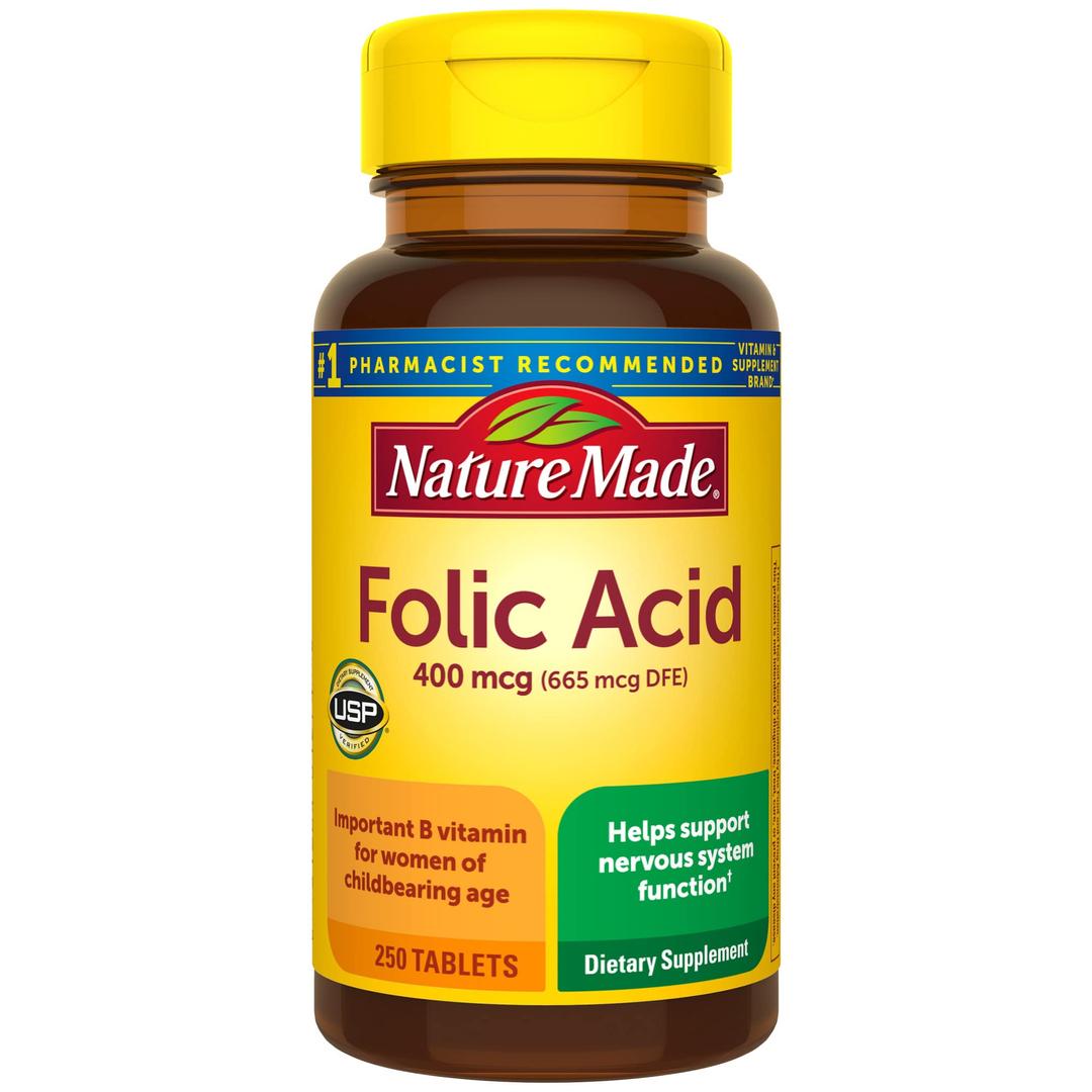 Nature Made Folic Acid 400 mcg (665 mcg DFE), Dietary Supplement for Nervous System Function, 250 Tablets, 250 Day Supply