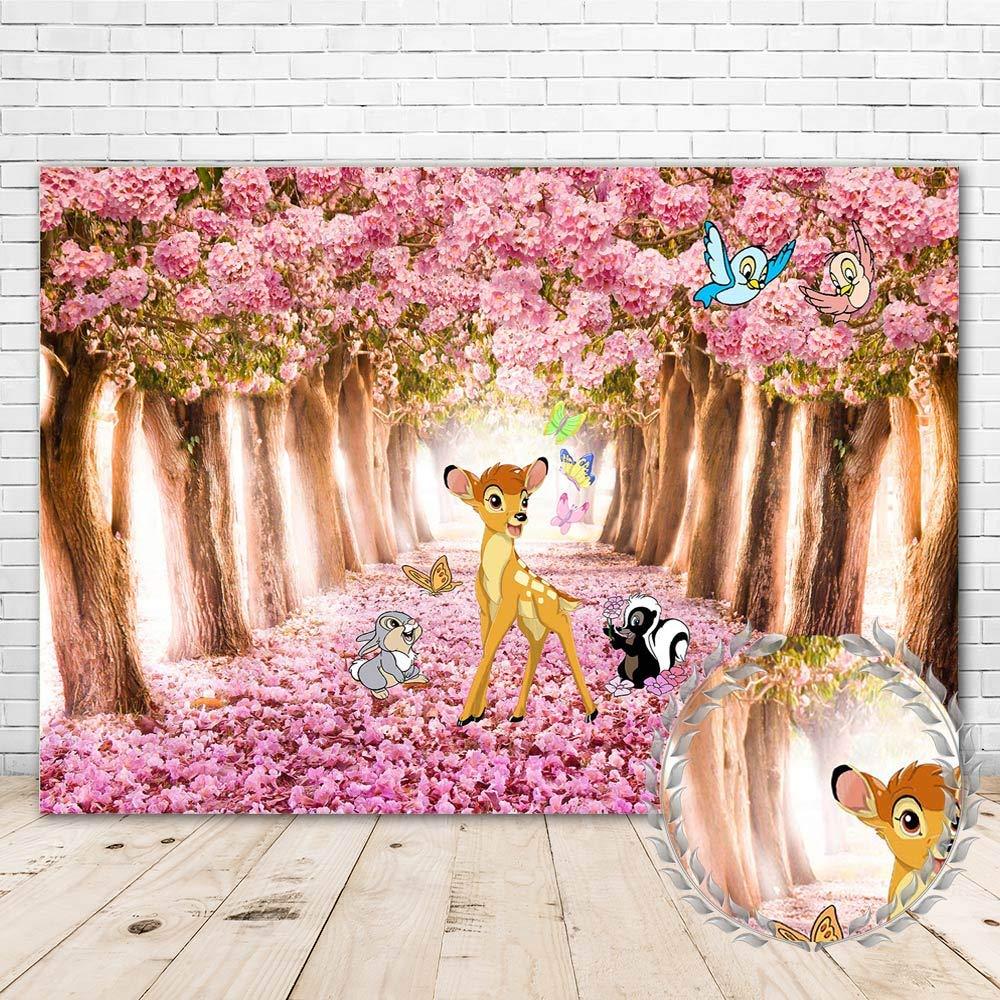 Bambi Backdrop for 1st Birthday Party 7x5 Pink Flowers Bambi and Butterfly Baby Shower Background for Girl Vinyl Spring Forest Bambi Themed Happy Birthday Backdrops for Kids