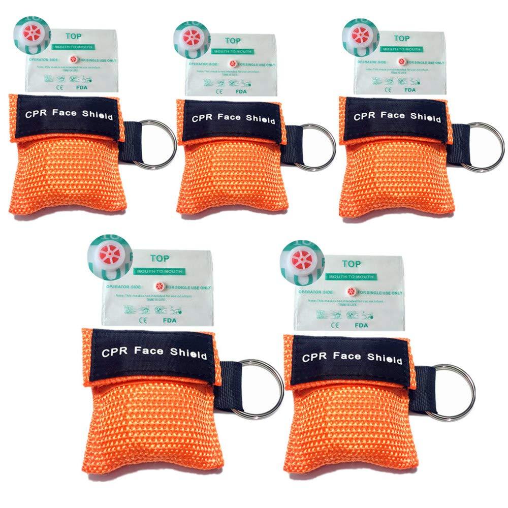 CPR Face Shields, 5 Pcs CPR Resuscitation Face Mask Keychain Ring Pouch for First Aid Cardiac Resuscitation Training (Orange)