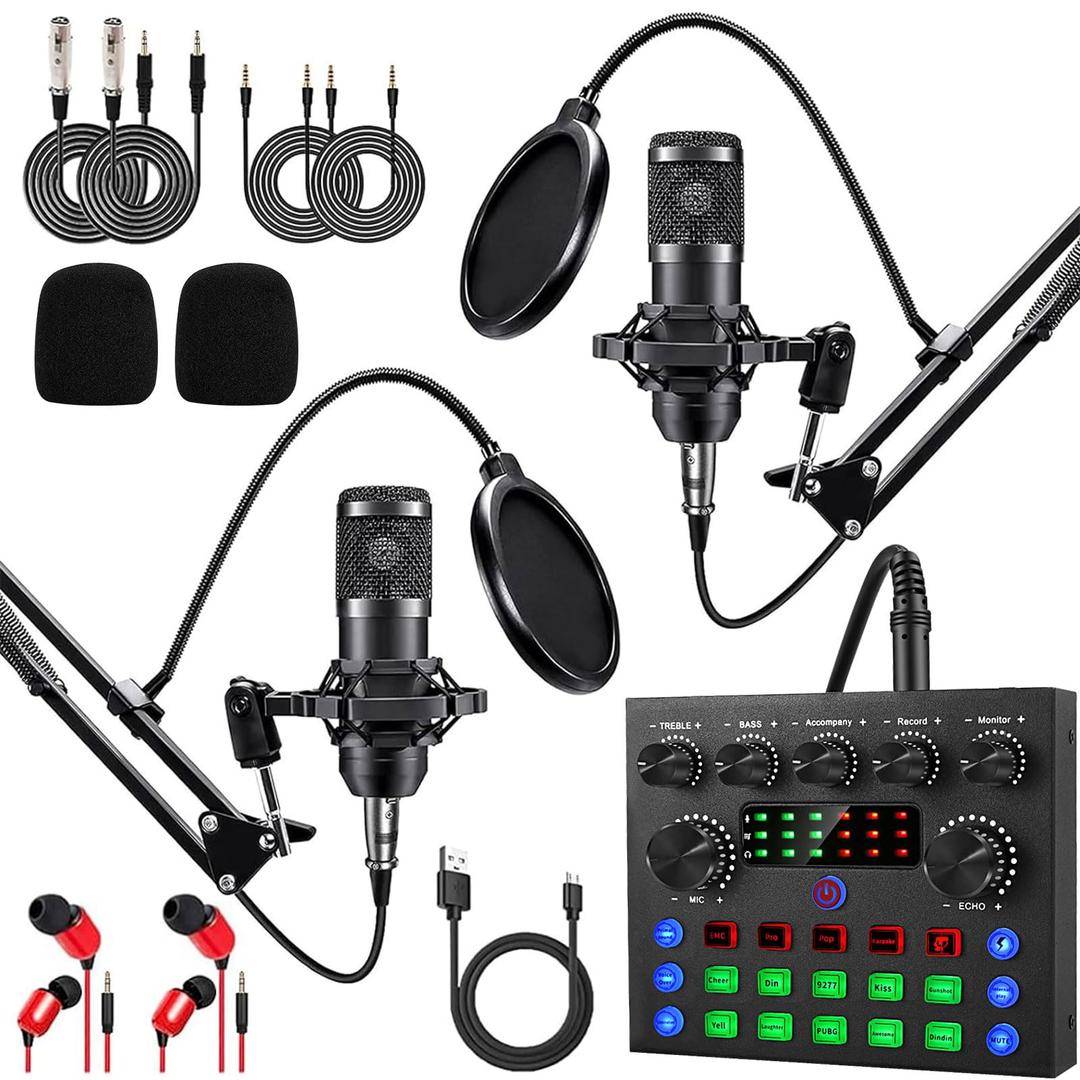 Podcast Equipment Bundle For 2, ALPOWL Audio Interface with Cardioid Designer BM800 Mic for Gamer and All-In-One DJ Mixer, perfect for Live Streaming, Singing, YouTube, Gaming