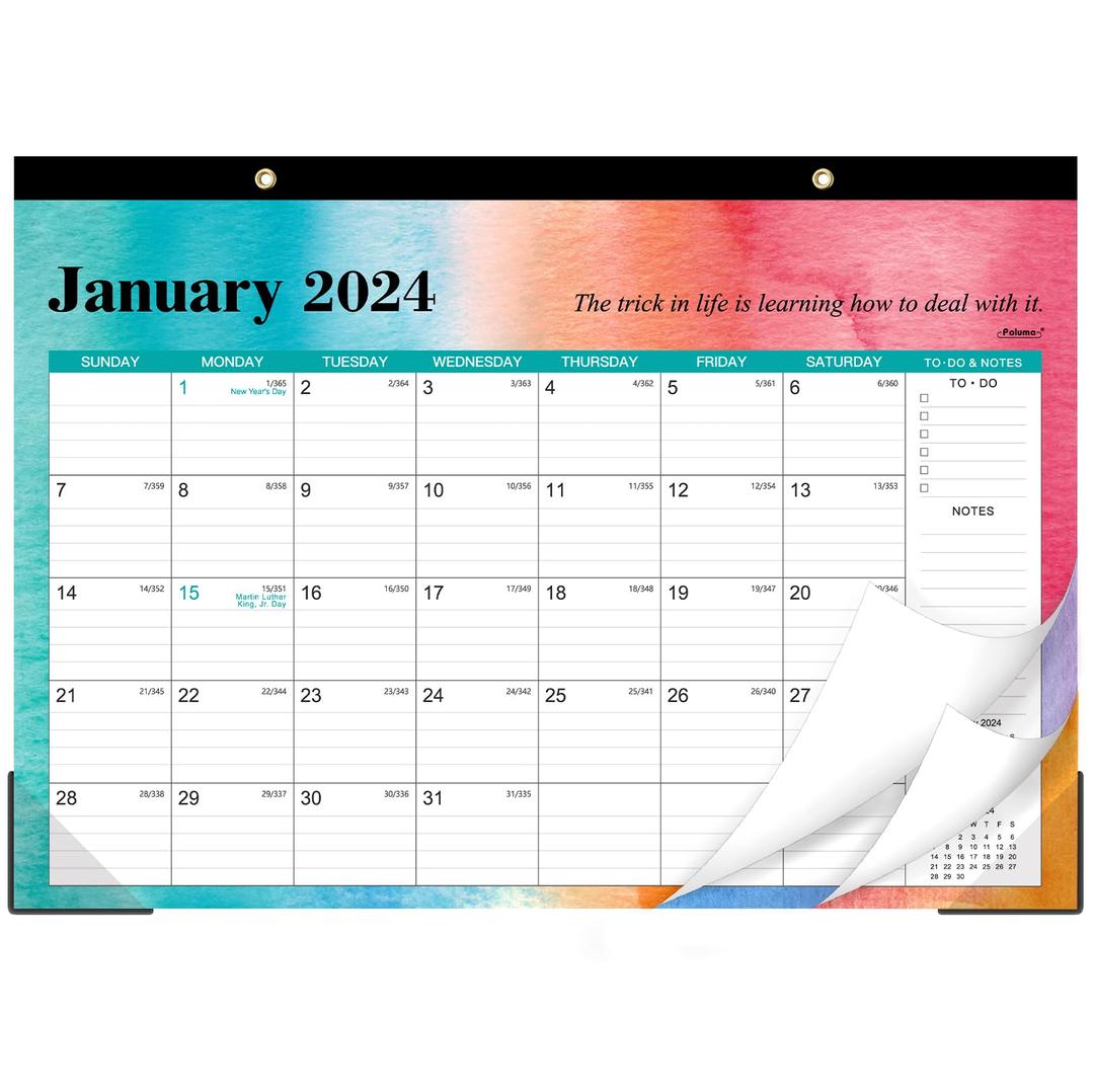 Desk Calendar 2024 - JAN 2024 - DEC 2024, 12-Month Desk/Wall Calendar 2024,17" x 12", Thick Paper, Desk Calendar 2024 with Corner Protectors, Ruled Blocks - Pink Blue