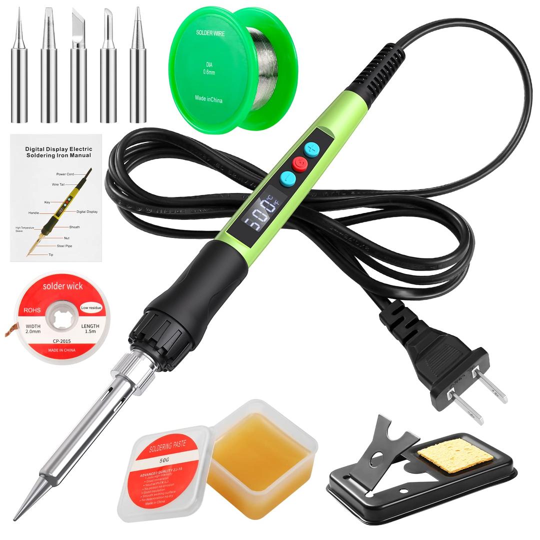 Soldering Iron Kit, 100W LED Digital Solder Iron Soldering Gun kit with Ceramic Heater, Adjustable Temperature Soldering Kit with Tips, Solder Wick Braid, Stand, Solder Wire, Sponge, Flux Paste