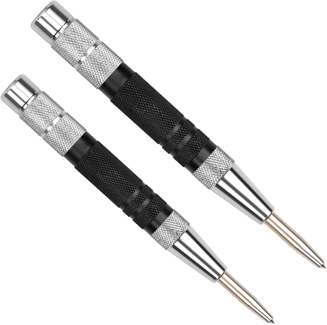 Super Strong Automatic Center Punch - 6 inch Black Steel Spring Loaded Center Hole Punch with Adjustable Tension, Hand Tool for Metal or Wood with Zippered Hard Shell Carry Case - Pack of 2