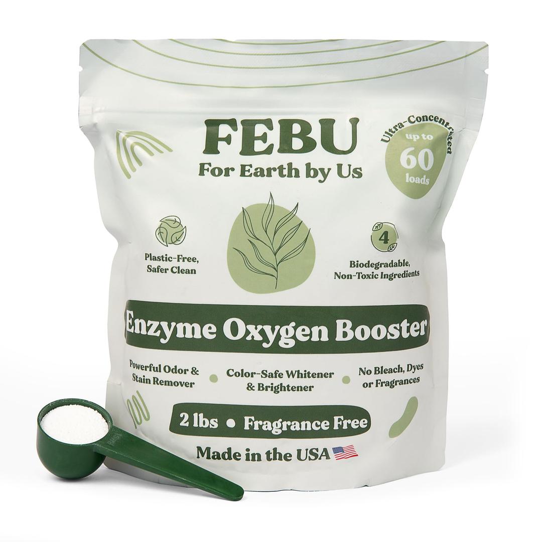 FEBUEnzyme Oxygen Laundry Booster, Fragrance Free, 2lbs | Natural Stain Remover | Powder Detergent Booster | Enzyme Clothing Stain Remover | Plant-Based No Filler Ingredients | Human Safe Made in USA