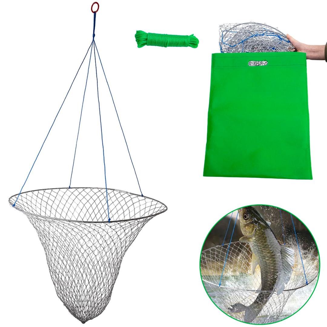 Pier Net, Drop Net for Pier Fishing, Bridge Fishing Net with Rope, Crab Hoop Net - Foldable Pier Landing Net, Soft Steel Material, Nylon Mesh for Easy Storage (32" Diameter)