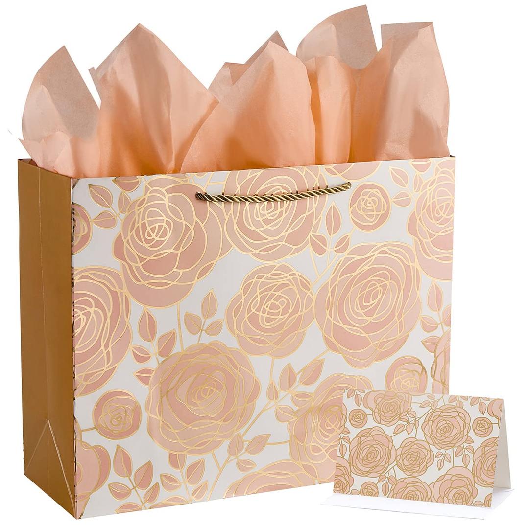 13" Rose Gold Large Gift Bag with Card and Tissue Paper