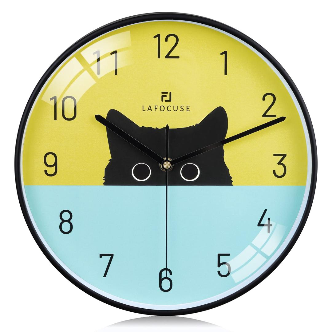 Lafocuse Silent Non Ticking Black Cat Wall Clock for Cat Lovers, Colorful Wall Clocks Battery Operated 12 Inch, Cute Cat Clock for Kids Bedrooms Living Room