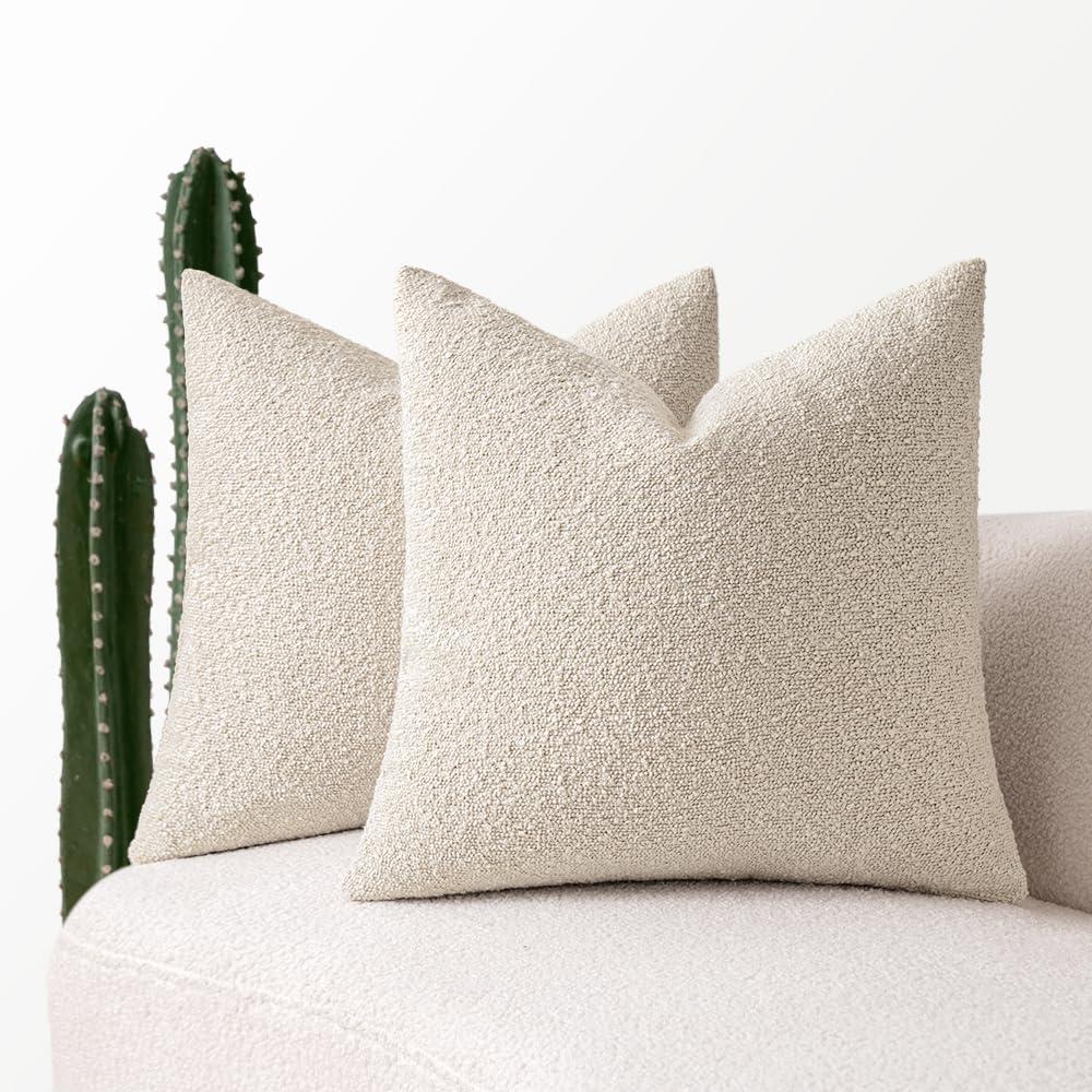 MIULEE Set of 2 Beige Throw Pillow Covers 20x20 Inch Decorative Couch Pillow Covers Textured Boucle Accent Solid Pillow Cases Soft for Spring Cushion Chair Sofa Bedroom Livingroom Home Decor