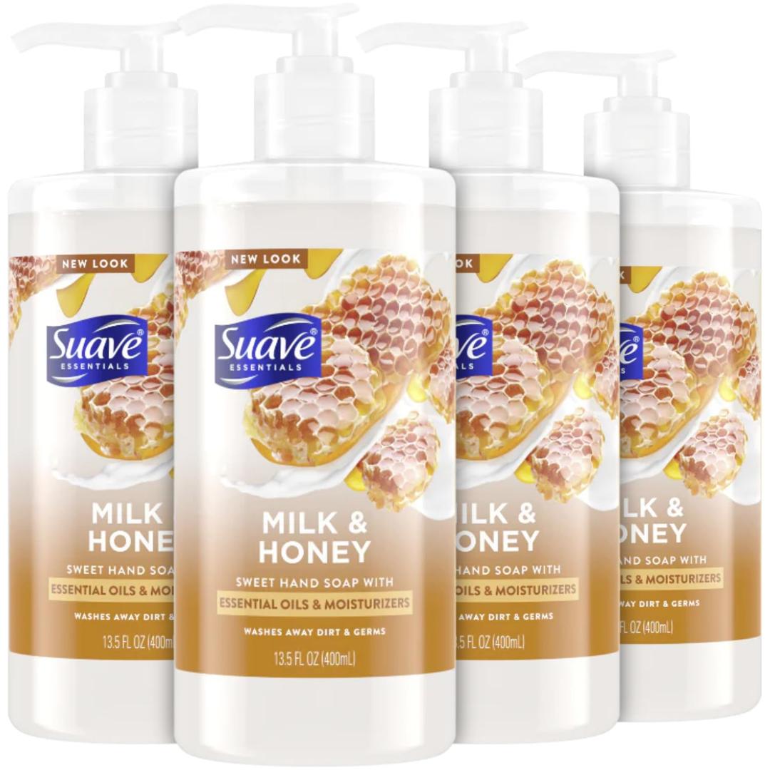 Suave Hand Soap, Milk & Honey 4-Pack – Sweet Hand Soap with Essential Oils & Moisturizers, 13.5 Oz Ea