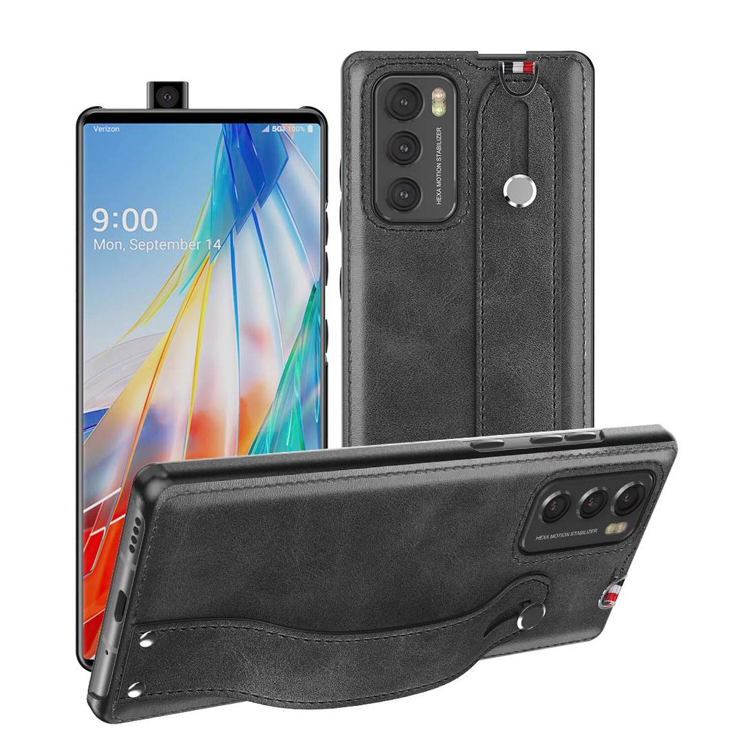 Fol for LG Wing 5G Case,for LG Wing Case 2020,[Slim and Lightweight] PU Leather Back Cover Support Swivel Mode Hard PC Holder with Hand Strap Protective Phone Case for LG Wing 5G 6.8 Inches (Black)