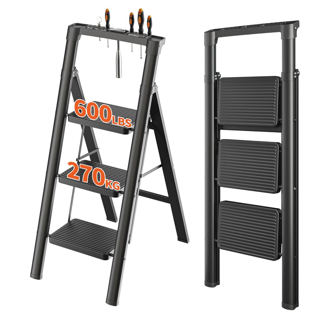 JOISCOPE3 Step Ladder, Folding Step Stool with Tool Platform, 600lbs Portable Sturdy Steel Ladder with Wide Anti-Slip Pedal, Lightweight, Convenient Handgrip, Ergonomic Design, Black