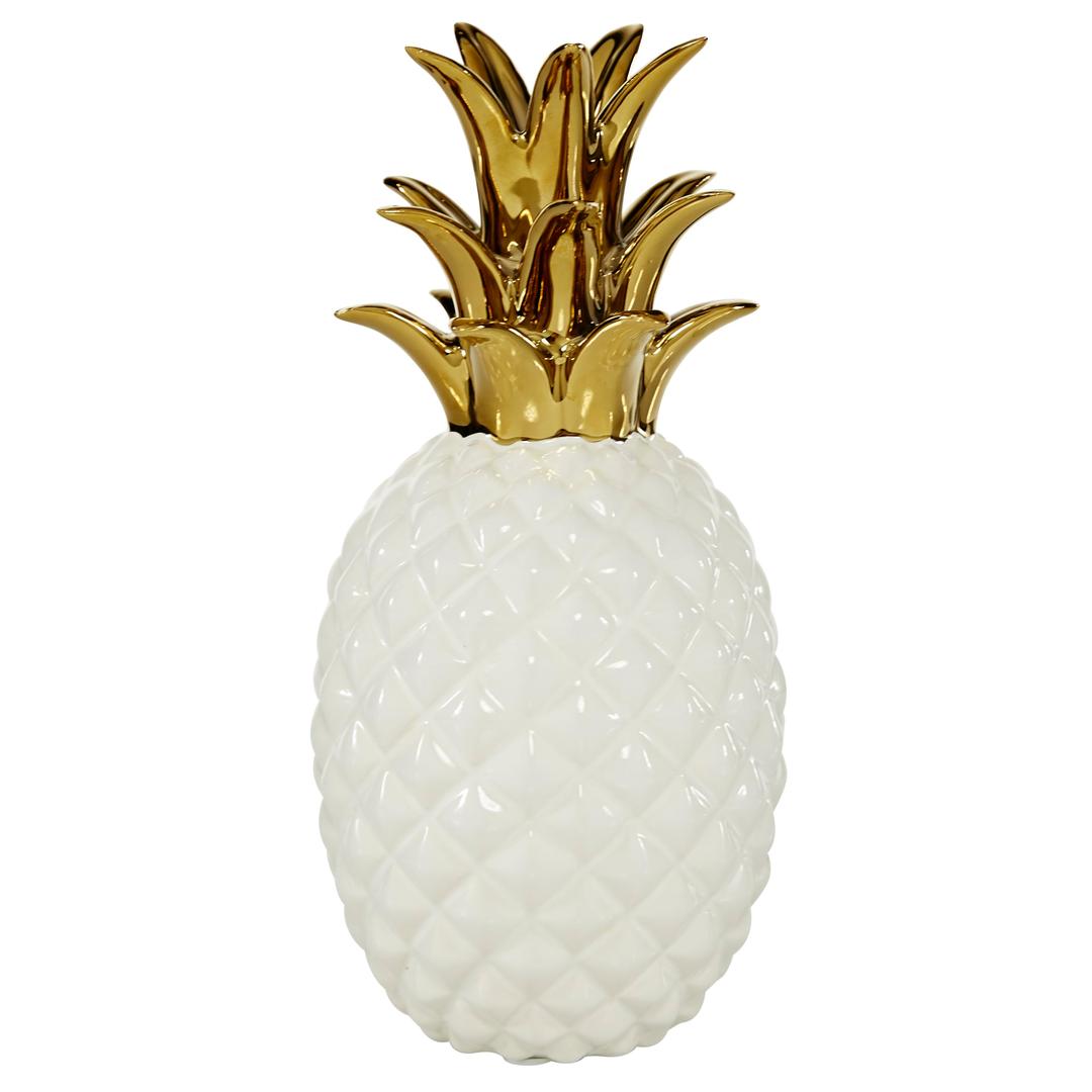 CosmoLiving by Cosmopolitan Porcelain Ceramic Fruit Decorative Sculpture Pineapple Home Decor Statue with Gold Leaves, Accent Figurine 4" x 4" x 10", White