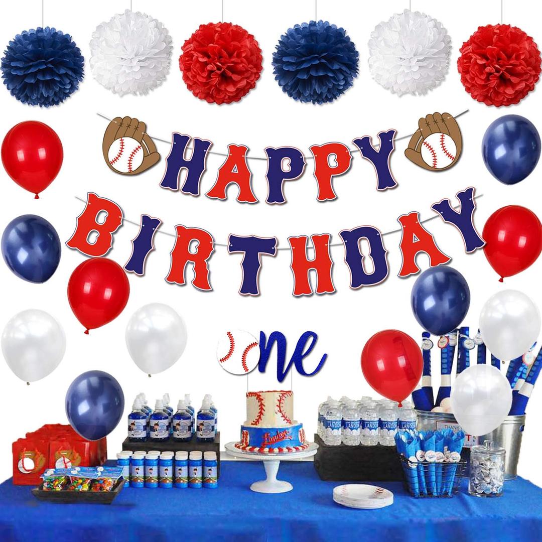 KeaParty Baseball Birthday Party Decorations Supplies Kit, Baseball Happy Birthday Banner, One Cake Topper, Baseball Themed Balloons, Pom Poms for Baseball First Birthday Party Decor