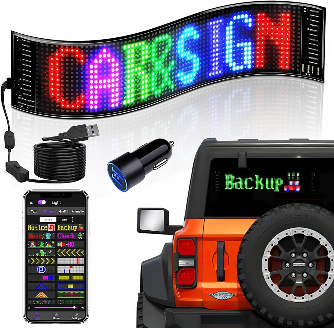 LED Car Sign, Programmable LED Matrix Panel FPCB Flexible Screen Display Animation Message Scrolling Sign APP Control for Cars, Shop, Bar, Party Festival 14.6"x3.6"