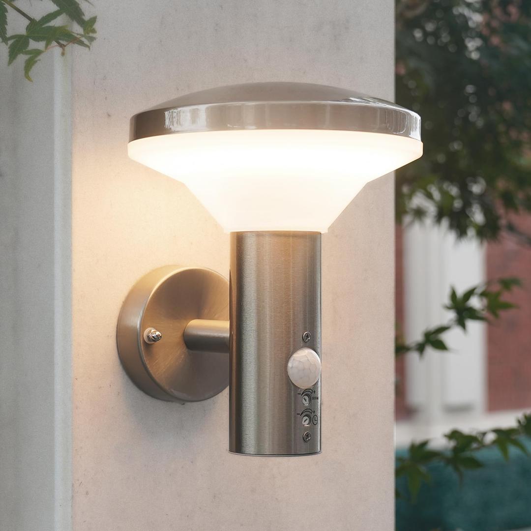 NBHANYUAN LightingLED Outside Lights Mains Powered with Motion Sensor,SUS304 Stainless Steel PIR Outdoor Wall Light for Patio,Porch,Front Door 3000K Warm Light 220-240V IP44