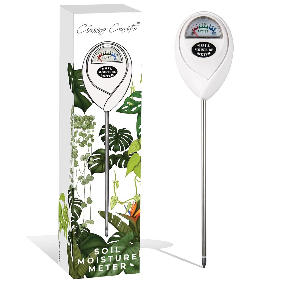 Classy CasitaSoil Moisture Meter - Hygrometer Sensor Tool for Indoor and Outdoor Plants - Monitoring Water Levels in Soil House, Gardening, Farm, Lawn, Potted Care - No Batteries Required - White