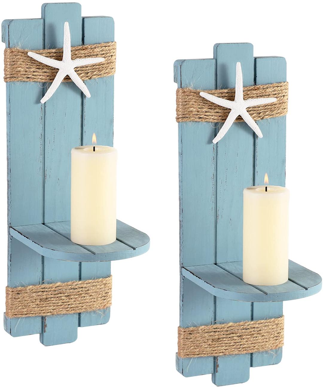 SOMTO Beach Starfish Wall Candle Sconces Decor,Ocean Themed Wall-Mount Candle holders, Coastal Farmhouse Nautical Rustic Decorations for Bathroom, Living Room, Dining Room and Office, Set of 2