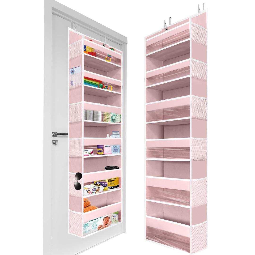 HOMELUX THEORY 1 PC Heavy Duty Over the Door Organizer 55x14x6.7, 6 Large Front & 12 Side Pockets, Hanging Storage Closet Door Organizer for Bedroom, Bathroom and Baby Nursery Storage (Baby Pink)