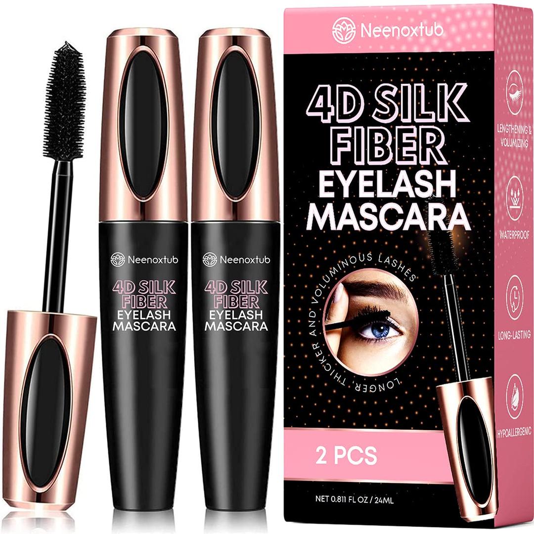 4D Silk Fiber Lash Mascara, Lengthening and Thick, Long Lasting, Waterproof & Smudge-Proof, Hypoallergenic Formula 2 Pack Black