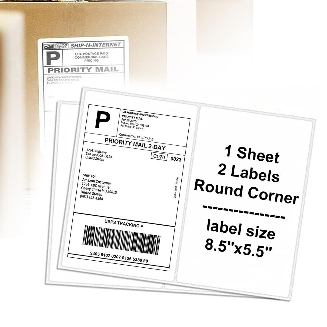 Half Sheet Shipping Labels with Rounded Corner, Address Labels with Self Adhesive, Shipping Labels 2 Per Sheet for Laser & Inkjet Printers, White, 200 Labels for Printer