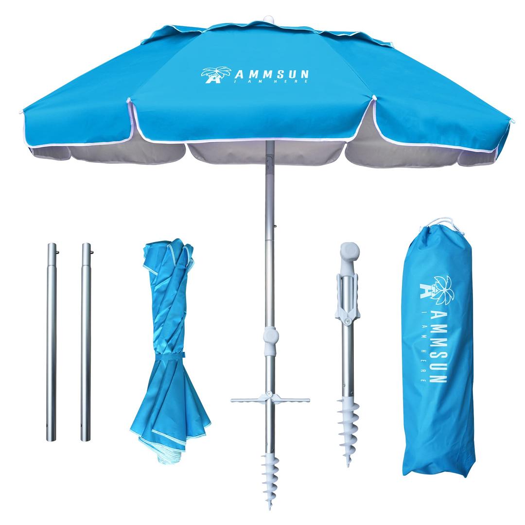 AMMSUN6ft Folded Portable Travel Beach Umbrella with Sand Anchor Tilt Air vent UPF 50+UV Protection Fit In Suitcase Compact Foldable Telescopic umbrellas for Patio Garden Beach Pool Sky Blue