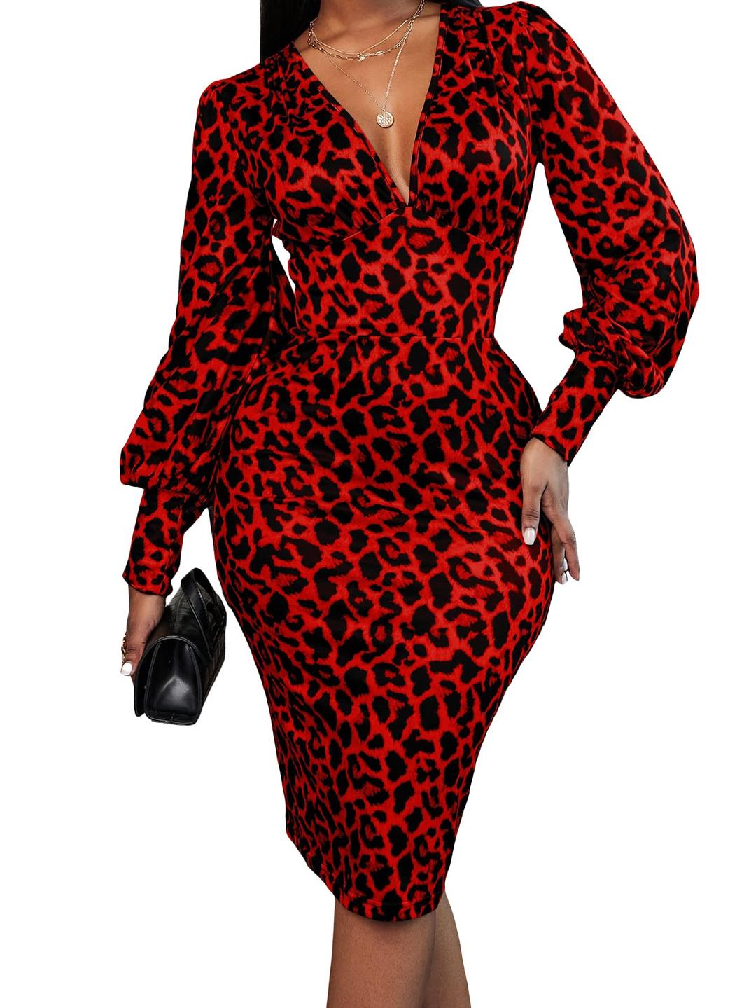 Women's Leopard Print V Neck Lantern Sleeve Bodycon Dress