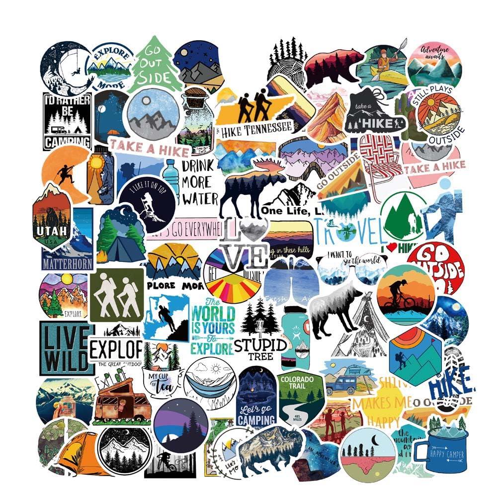 Outdoor Hiking Adventure Camping Stickers Pack 100pcs, Waterproof Vinyl Travel Wildlife Stickers for Water Bottle Laptop Hydroflask Cup Car, Wilderness Nature Decals for Camper Boys Adults Teens Girls