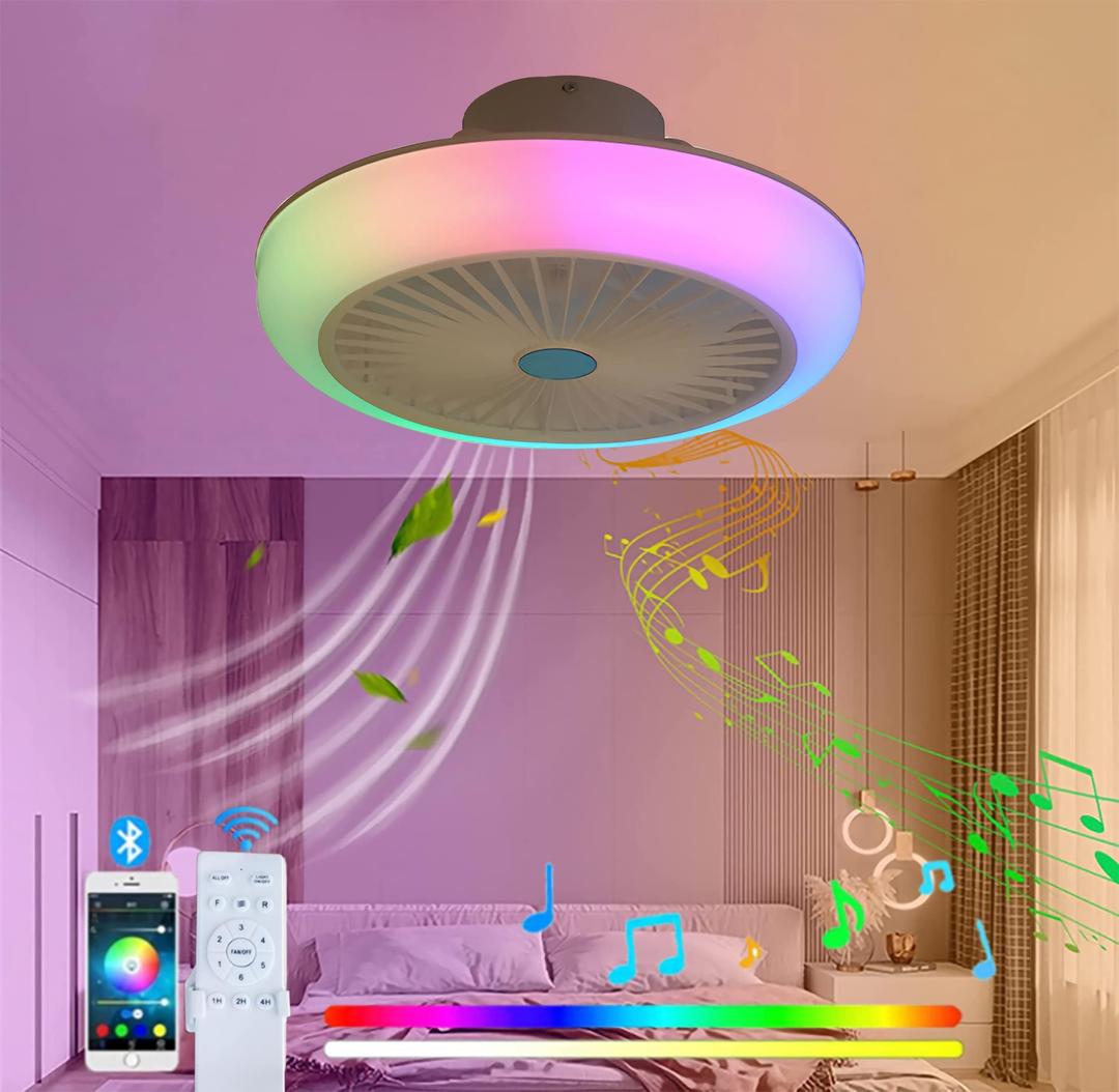 MONIK Bluetooth Ceiling Fan with Light and Remote, Modern Music Play LED Ceiling Light,3-Speed Silent, RGB Dimmable Fan Chandelier for Living Room Bedroom Restaurant, White [Energy Class A]