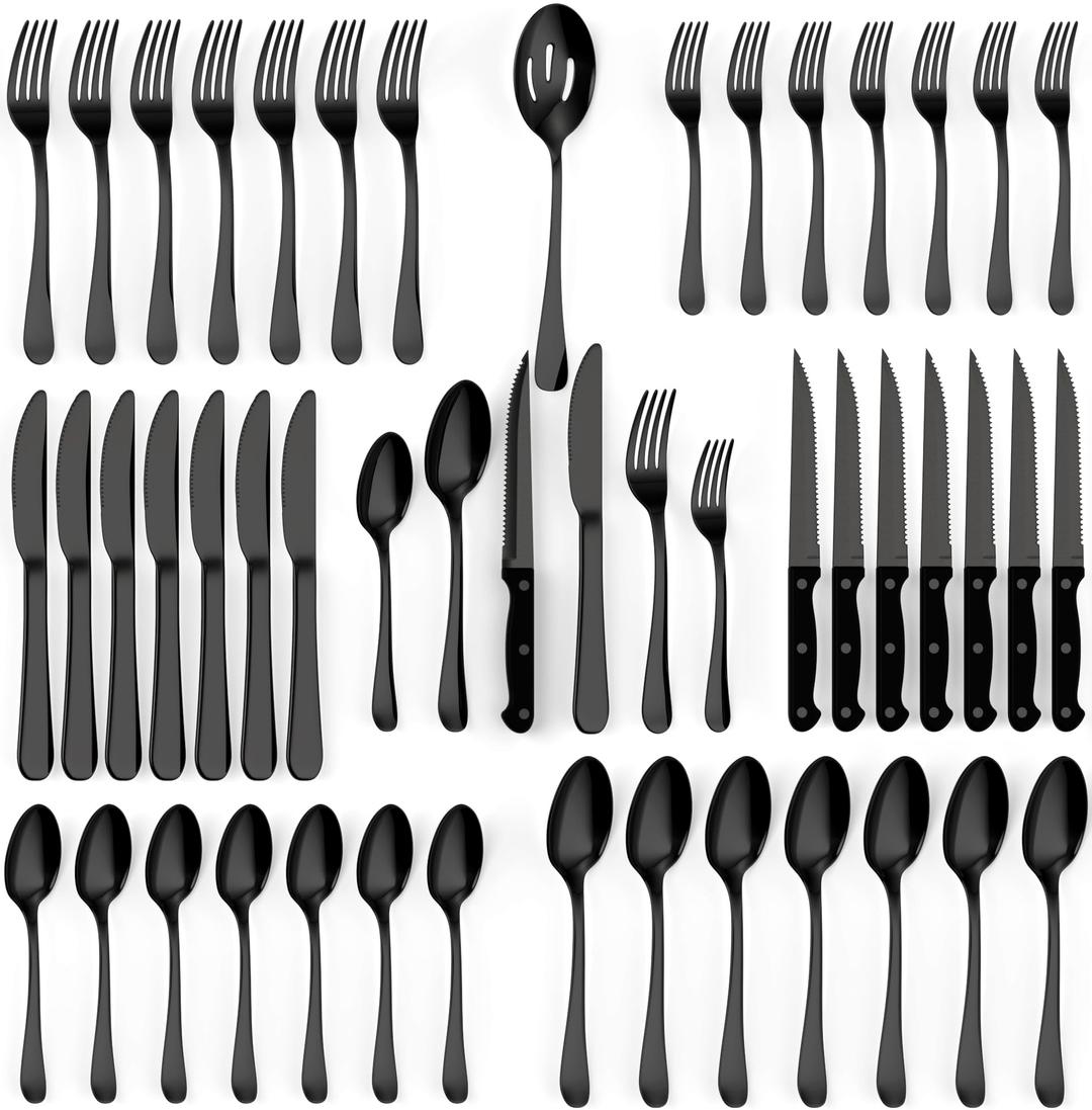 Tribal Cooking 49 Piece Silverware Set - Service for 8 - Stainless Steel Flatware serving set - Cutlery Set - Knives, Fork, and Spoon - Dishwasher Safe - Stunning Polished Finish - Black