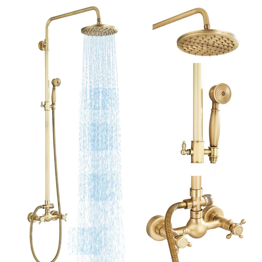 Antique Brass Shower System Bathroom Shower Faucet Set with 8 Inch Rainfall Shower Head Handheld Spray 2 Cross Handles Wall Mounted Outdoor Shower Fixtures Solid Brass