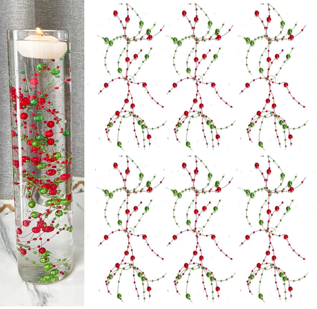 12 Pcs Pearl String Set for Floating Candles Centerpiece, Gold Faux Pearl Beads Vase Filler for Wedding Table Christmas Tree Decor Centerpiece. (Red, Green)