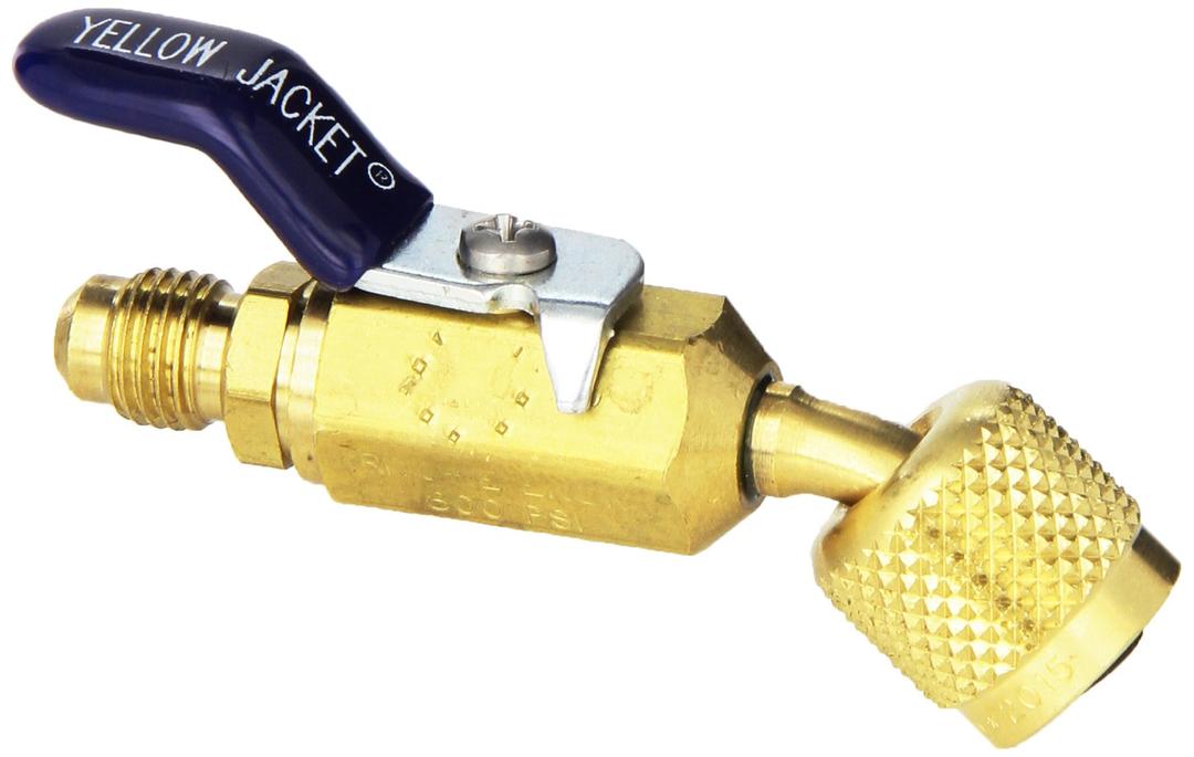 Yellow Jacket 93843 ¼” Compact Ball Valve - add to hoses for charging and recovery – 45 degree angle – ¼” F.FL. x ¼” M.FL