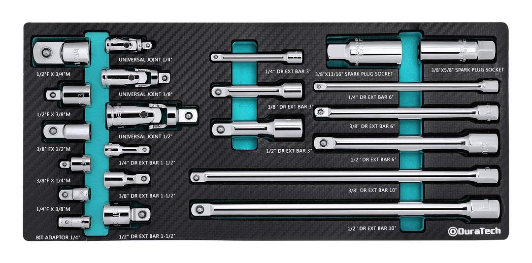 DURATECH22-Piece Drive Tool Accessory Set, Including 1/4 3/8 1/2 Extension Bars, Socket Adapters, Universal Joints, Spark Plug Sockets, Professional Socket Accessories, Cr-V Steel, EVA Foam Package