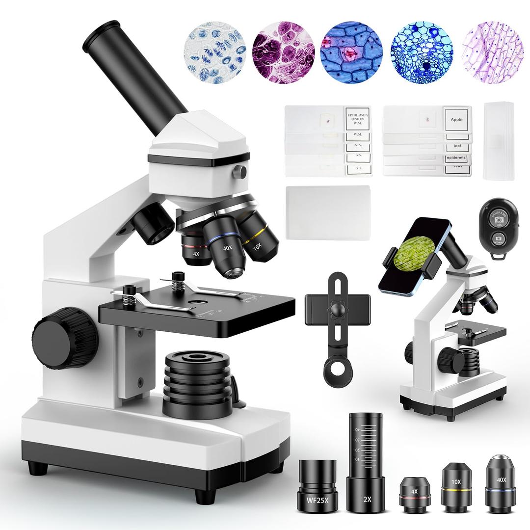 PalliPartners Powerful Biological Microscopes for School Laboratory Home Education,100X-2000X Microscopes for Kids Students Adults, with Microscope Slides Set, Phone Adapter, White