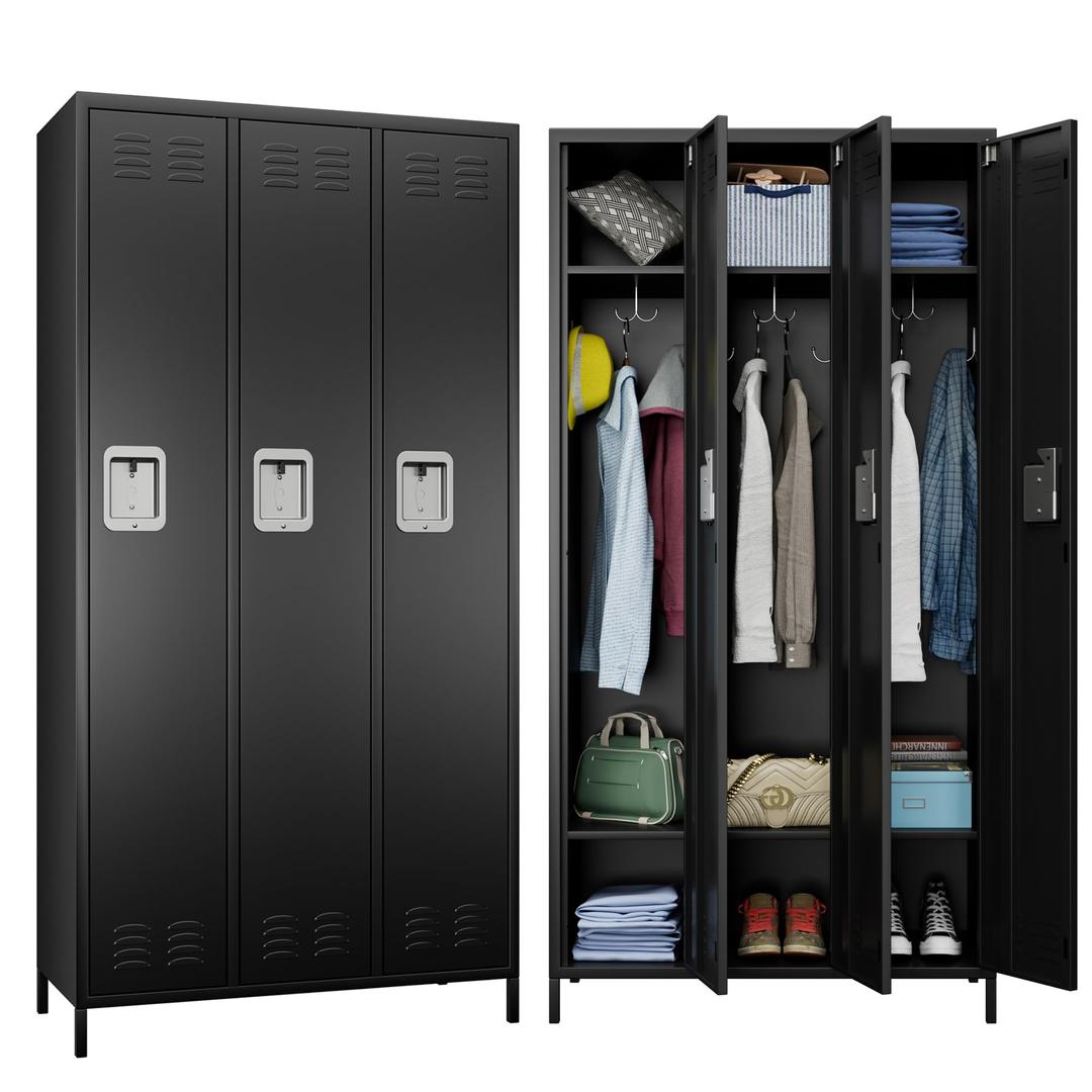 AobaboMetal Lockers for Employees School Office Gym Home lockers Storage,3 Doors Lockers with 6 Shelves and 6 Hooks,Black, Assembly Required