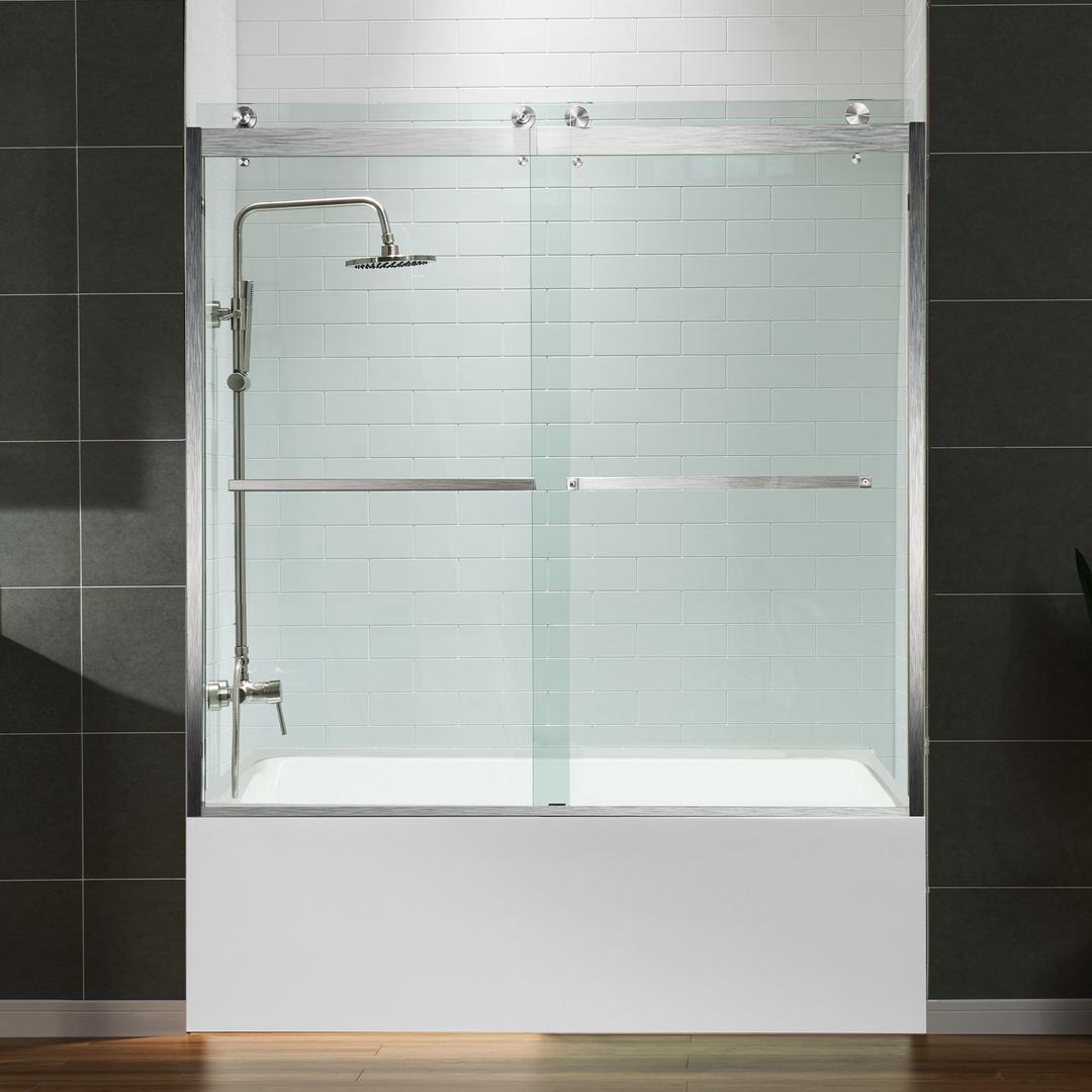 WOODBRIDGE Frameless Bathtub Shower Doors 56-60" Width x 62" Height with 3/8"(10mm) Clear Tempered Glass, 2 Ways Opening & Double Sliding in Brushed Nickel Finish