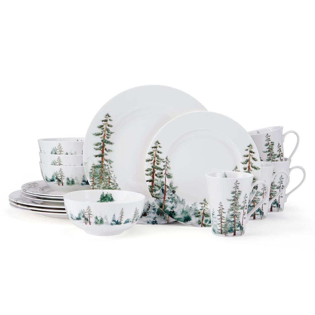 MikasaWatercolor Forest Chip Resistant 16 Piece Dinnerware Set, Service for 4 White