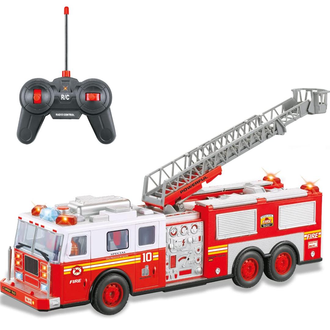 Liberty Imports RC Fire Truck - Big Remote Control Toy Fire Truck - 14" Rescue Fire Engine with Flashing Lights and Siren Sounds, Extendable Rescue Ladder for Kids