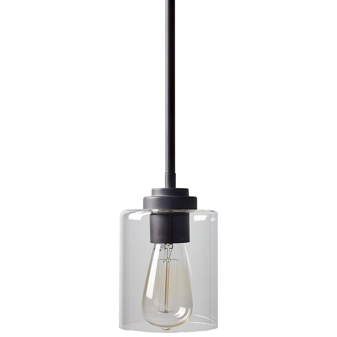 Amazon Brand – Stone & Beam Modern Farmhouse Glass Cylinder Pendant Light Fixture With Light Bulb - 4.75 Inch Shade, 10 - 58 Inch Cord, Oil-Rubbed Bronze