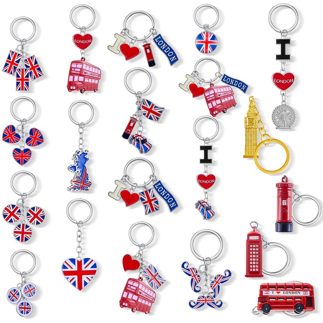 Inbagi20 Pcs London Souvenir Keychains Bulk British Gift Key Rings for Christmas Decoration Ornaments Prize Multi Style