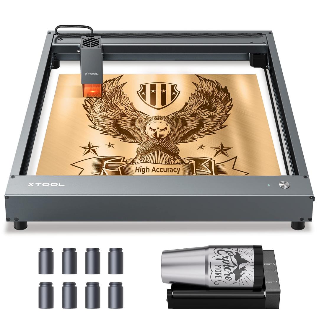 xTool D1 Laser Engraver with rotary, 0.08 * 0.08mm Compressed Spot, 5w-7.5w Laser Output Power Diode DIY Laser Engraver and Cutting Machine for Wood and Metal (17"x15.98")