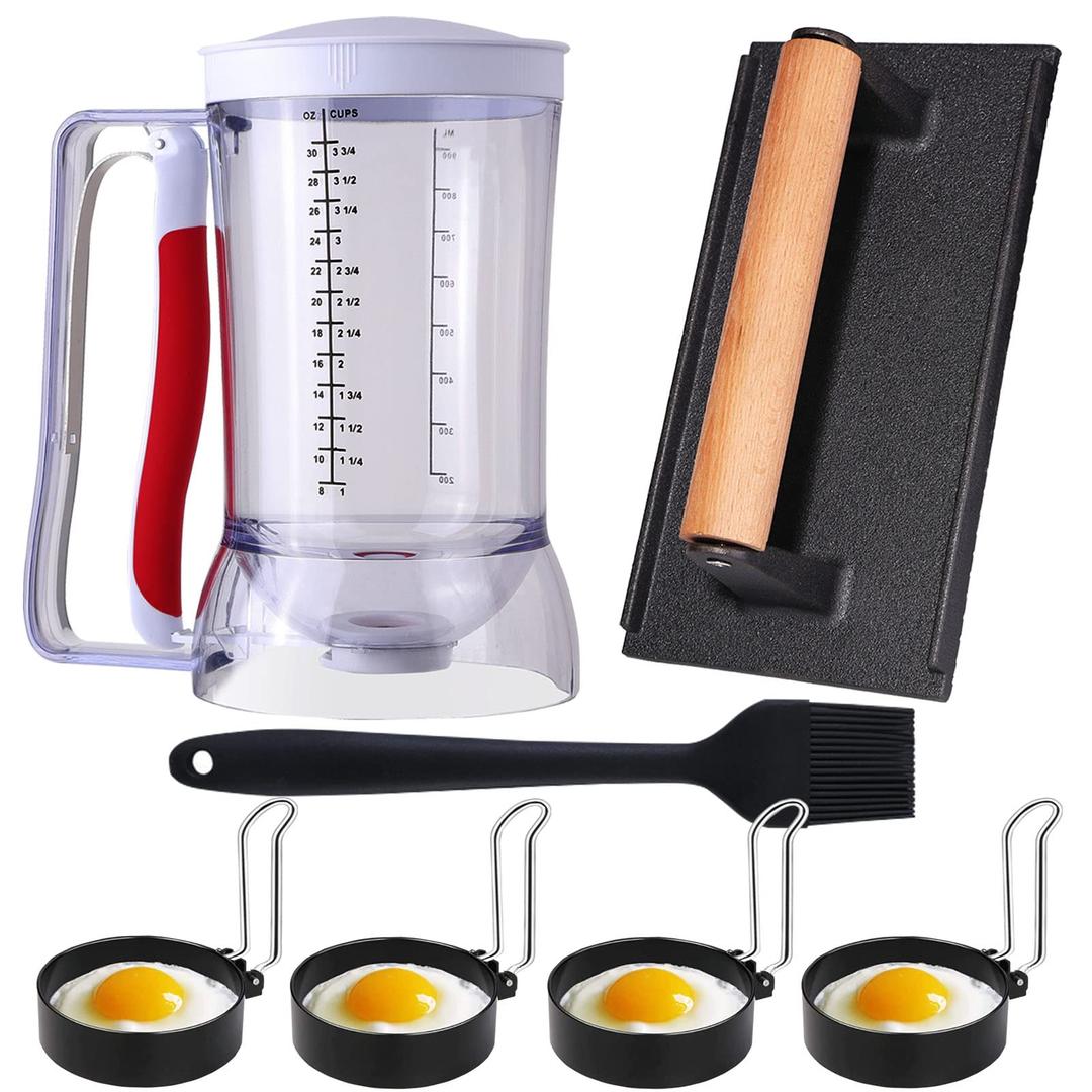 7 Piece Griddle Breakfast Kit for Blackstone, Griddle Accessories Set - Included Pancake Batter Dispenser, Bacon Press, Egg Rings, Basting Brush