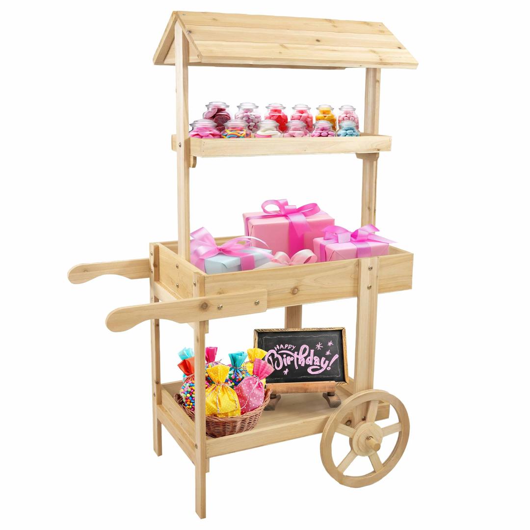 Sunnydaze Country Market Flower Cart Display Stand with Wheels - 2 Shelves - Fir Wood - 30 lb Weight Capacity - Natural Fir