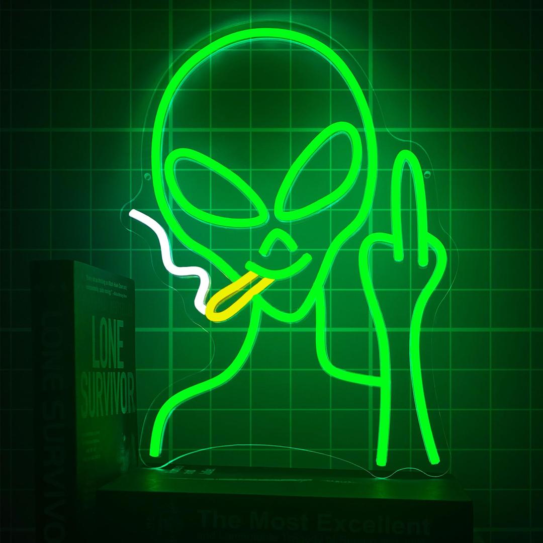 Green Alien Neon Signs, Dimmable LED Neon Signs for Wall Decor Bedroom Man Cave Game Room Home Bar Party Decor, LED Alien Neon Light for Kids Birthday Gift (Green Alien)