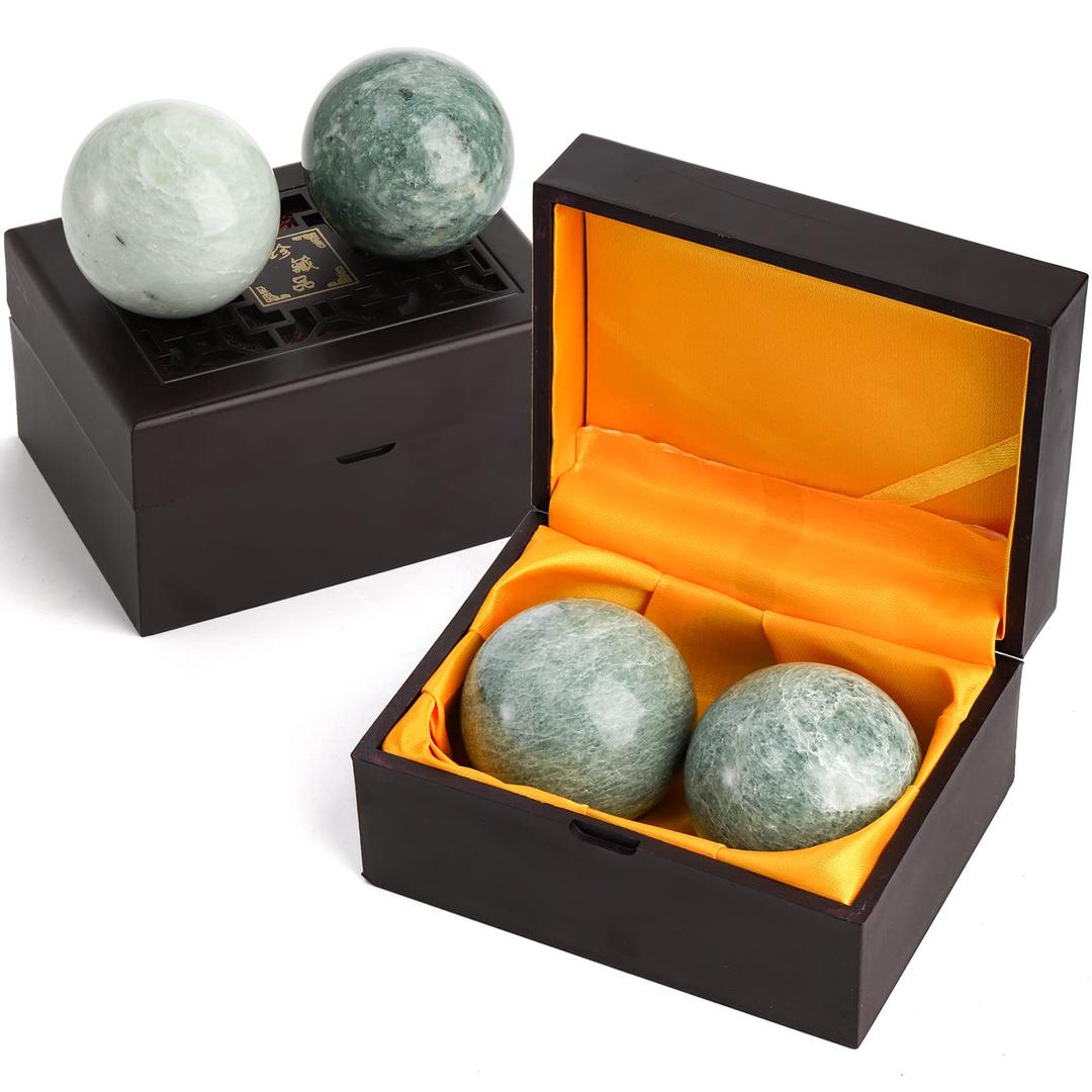 Lyellfe Set of 4 Marble Stone Baoding Balls, 2 Inch Meditation Balls with Box, Chinese Health Exercise Massage Ball for Hands, Stress Relief, Jade Green