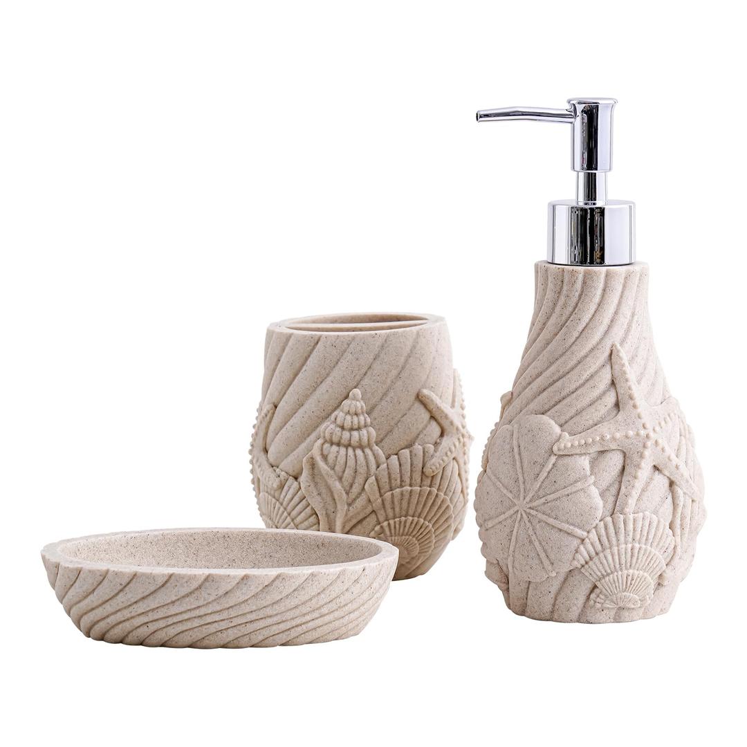 Bathroom Accessories Set 3 Pcs - Beach-Inspired 3D Shell and Starfish Patterns - Resin Bath Set Contains Toothbrush Cup, Soap Dispenser, Soap Dish (Beige)